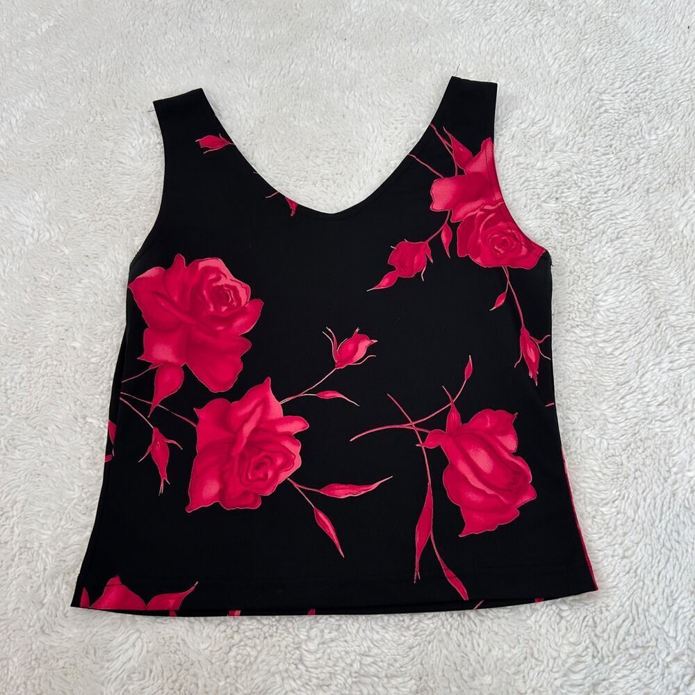 Y2K Womens VTG Black Red Floral Made in USA Blouse Sz 8P Grunge Dark Academia